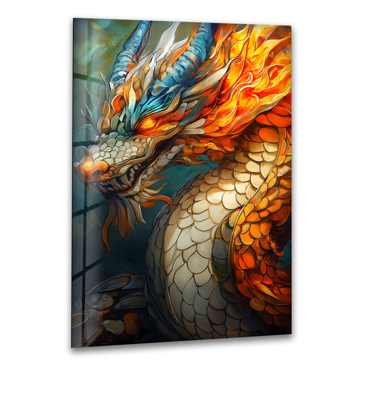 Fiery dragon with vibrant orange and red scales surrounded by intense flames.
