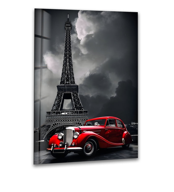 A timeless piece capturing the elegance of Paris with a red vintage car and the iconic Eiffel Tower.

