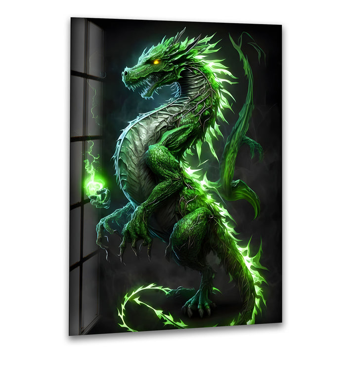 Fierce green dragon glowing with fiery energy, standing tall in a mystical world.
