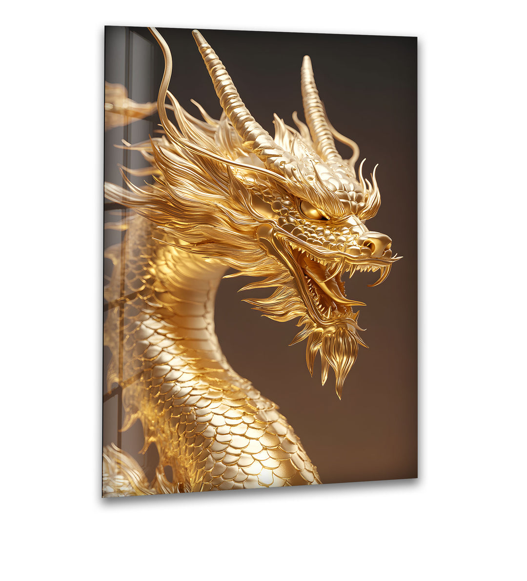 A majestic golden dragon in full glory, beautifully printed on high-quality tempered glass for a bold statement.
