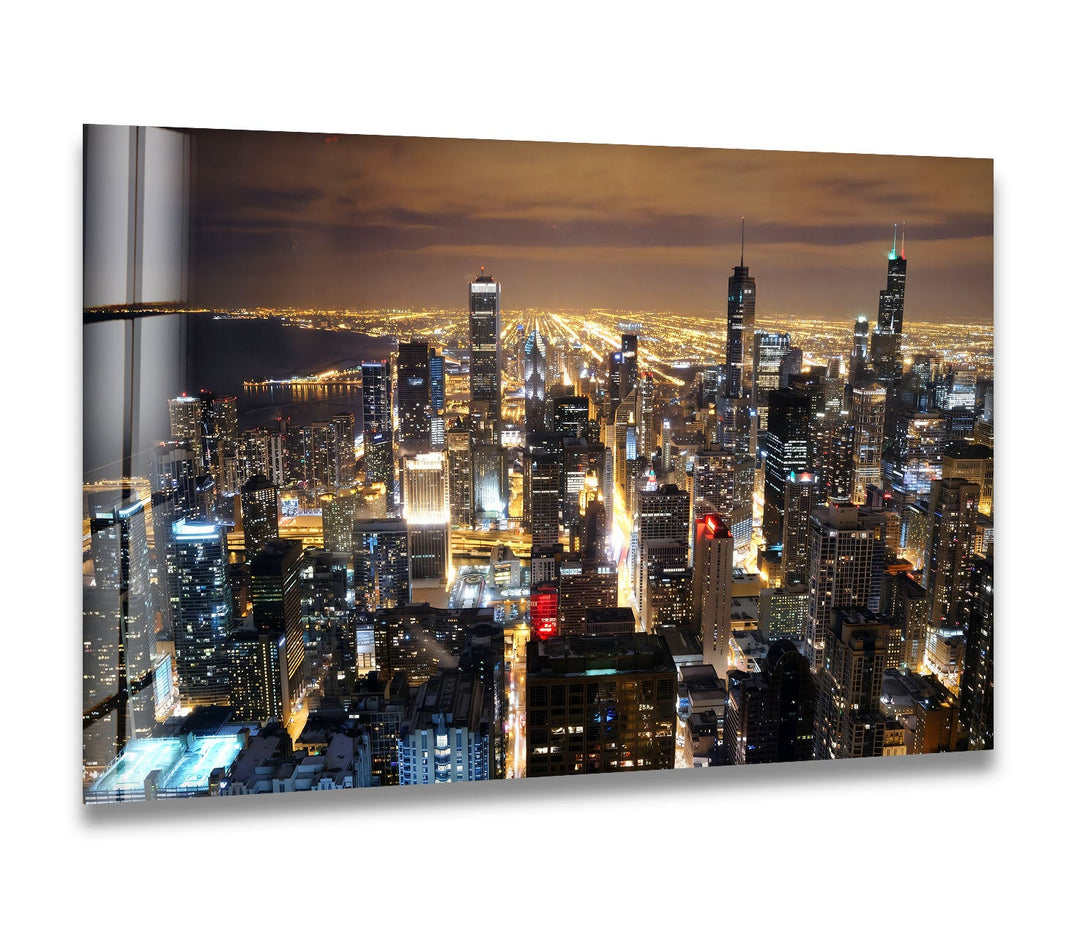 Chicago Cityscape Glass Wall Art – Night Skyline Modern Decor