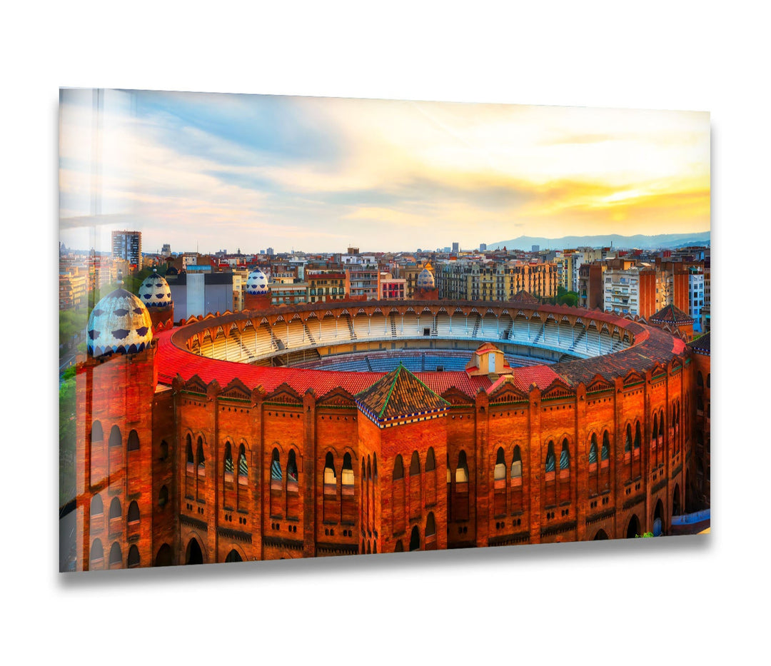 Arena de Barcelona Glass Wall Art – Iconic Spanish Landmark with Historic Architecture