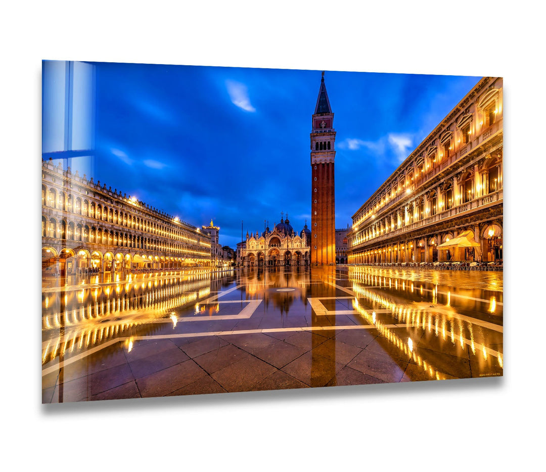 St. Mark's Square Glass Wall Art – Majestic Venice Landmark with Illuminated Campanile Tower