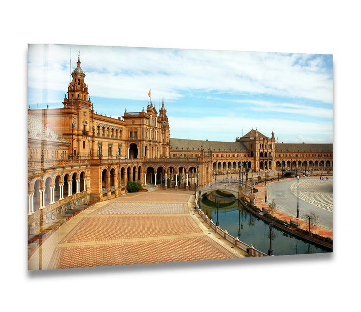 Plaza de España Glass Wall Art – Majestic Spanish Landmark with Scenic Canal View