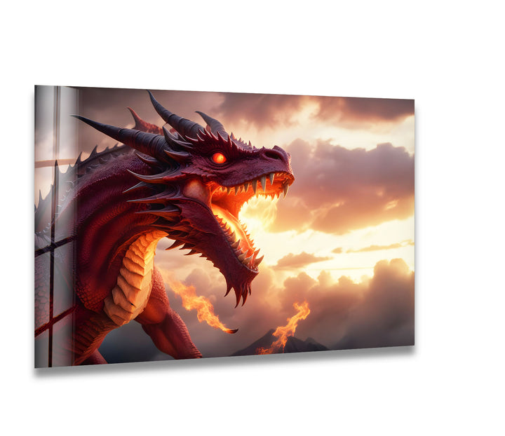 Fierce dragon roaring against a fiery sunset, exuding power and mystery.
