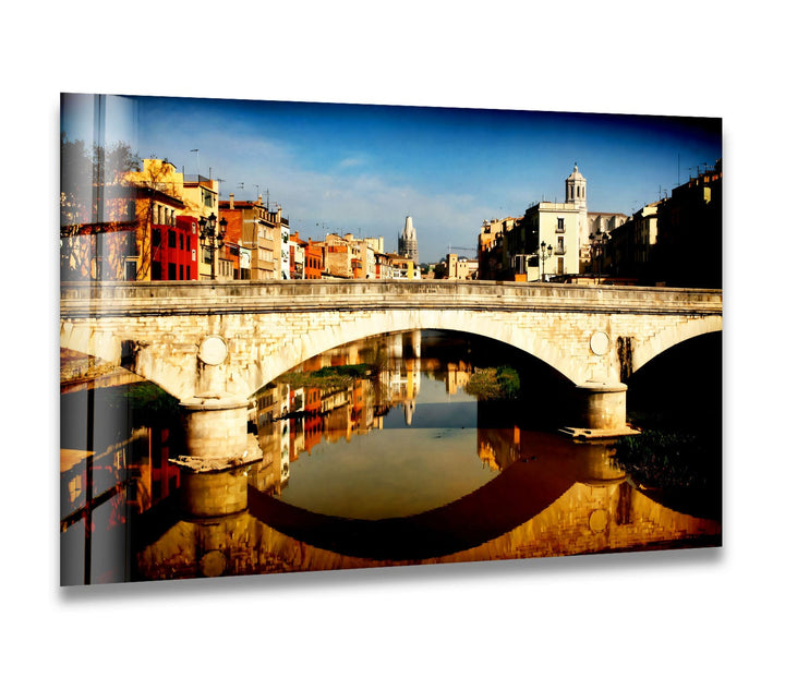 Girona Bridge Glass Wall Art – Scenic View of Spanish City with Reflection in River