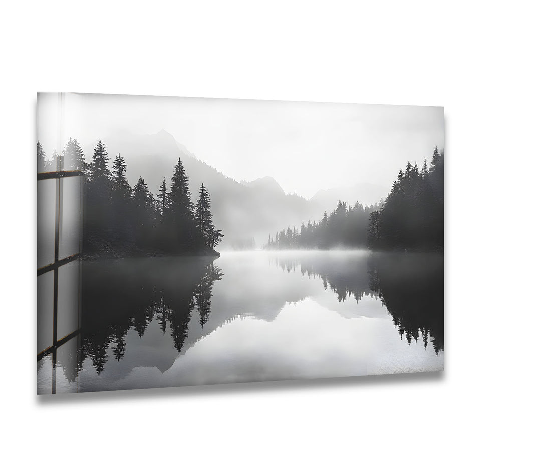 Misty Mountain Reflection: A serene black-and-white artwork of mountains reflected in calm waters.
