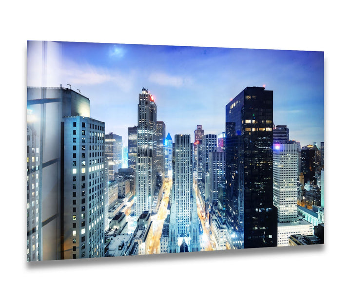 Chicago Skyline Glass Wall Art – Stunning Night View of Downtown Skyscrapers and Streets