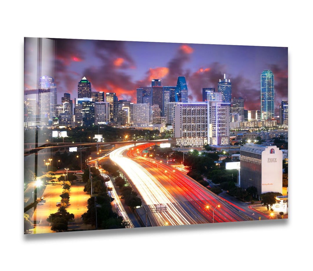 Dallas Skyline Glass Wall Art – Stunning View of Downtown at Dusk