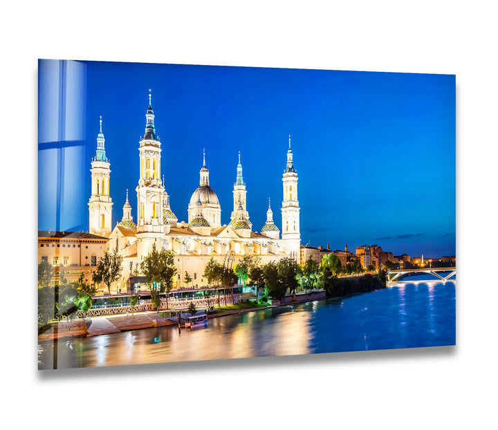 Basilica del Pilar Glass Wall Art – Stunning Night View of Zaragoza’s Iconic Landmark