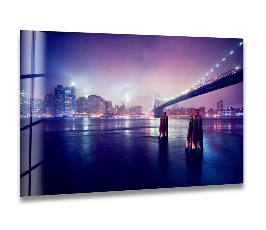 Brooklyn Bridge Glass Wall Art – Stunning New York City Skyline at Night with Brooklyn Bridge