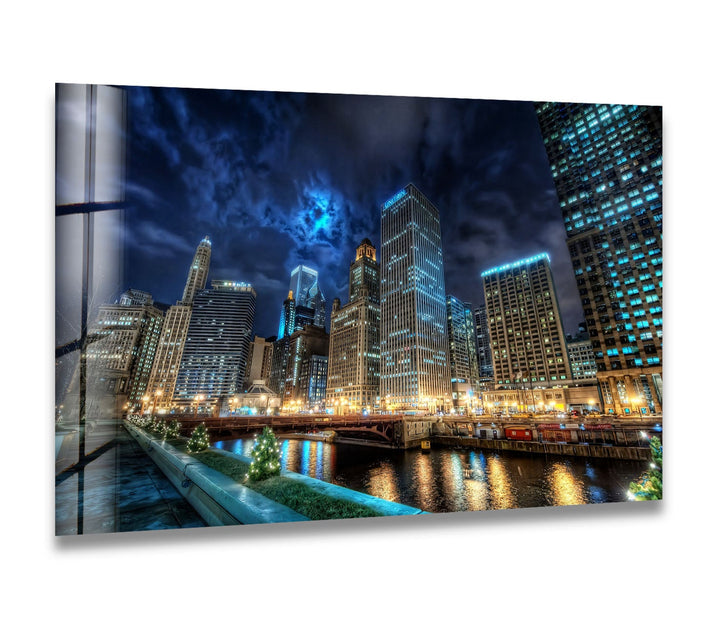 Chicago Skyline Glass Wall Art – Majestic View of Chicago's Iconic River & Skyscrapers at Night