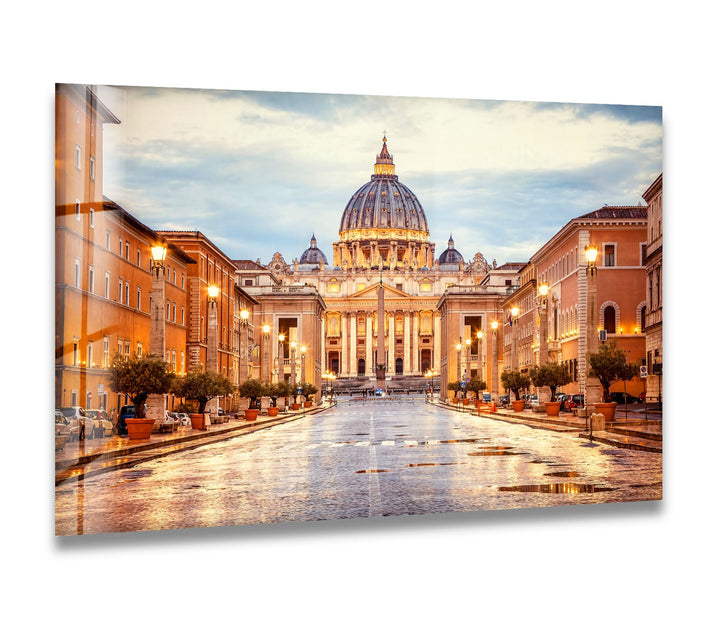 Vatican City Glass Wall Art – Majestic View of St. Peter's Basilica at Dusk