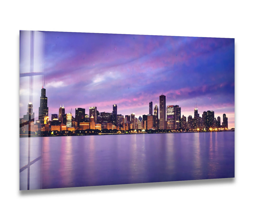 Chicago Skyline Glass Wall Art – Stunning View of Downtown Chicago at Sunset