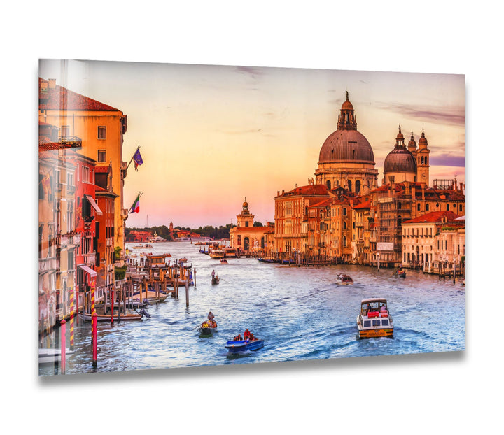 Venice Canal Glass Wall Art – Iconic Grand Canal View at Sunset with Boats