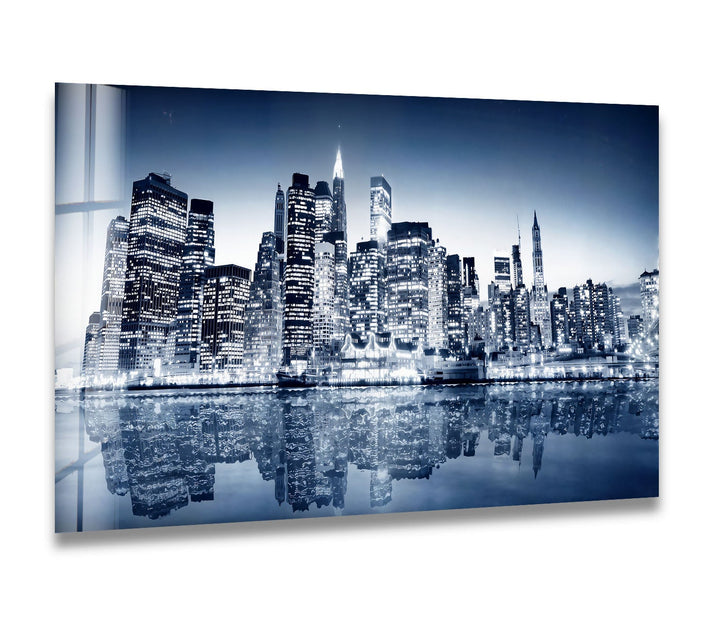 Black and White New York City Skyline Glass Wall Art – Iconic NYC View with Reflections