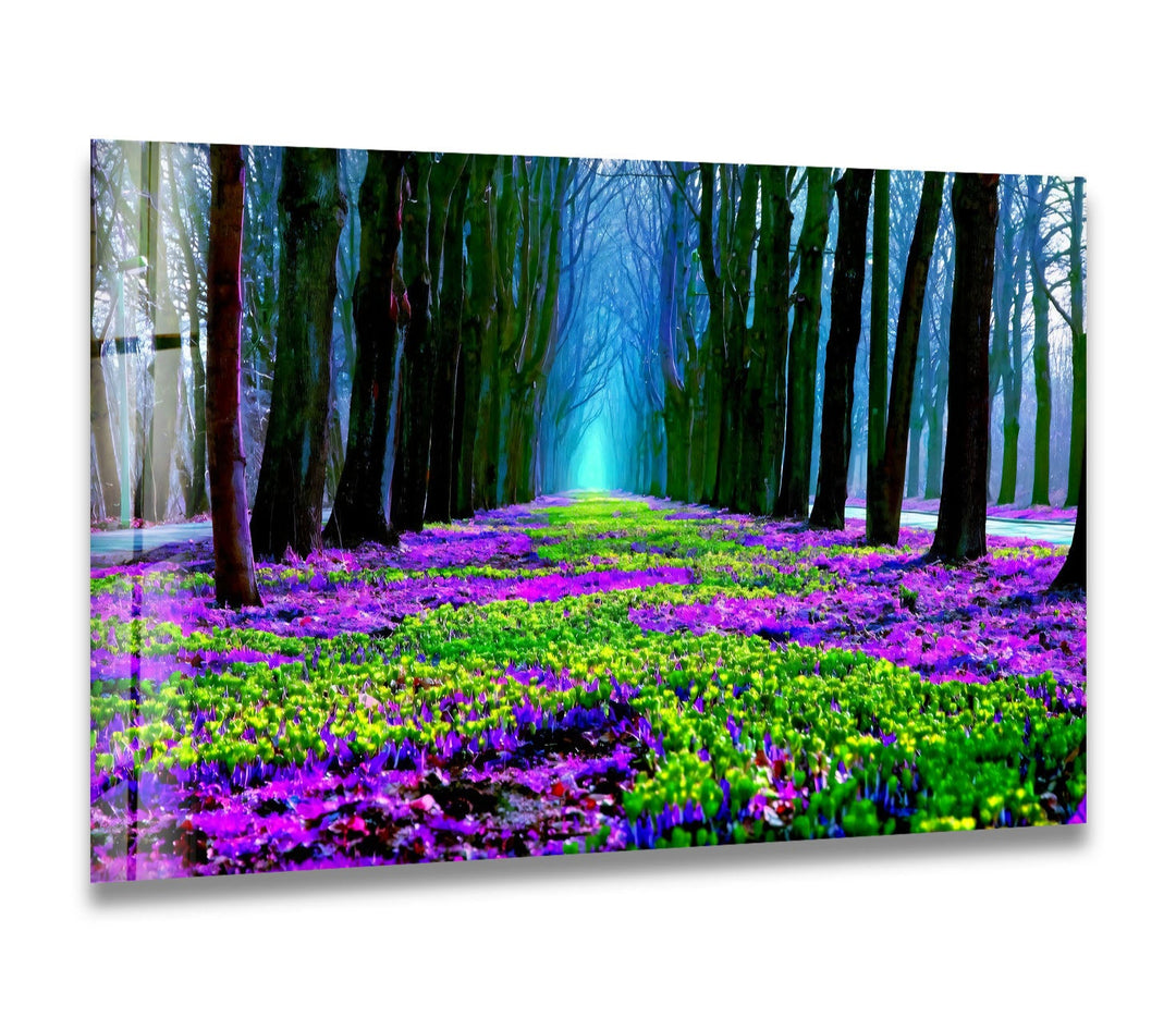 Flower Pathway Glass Wall Art – Serene Spring Landscape with Lush Blooming Flowers