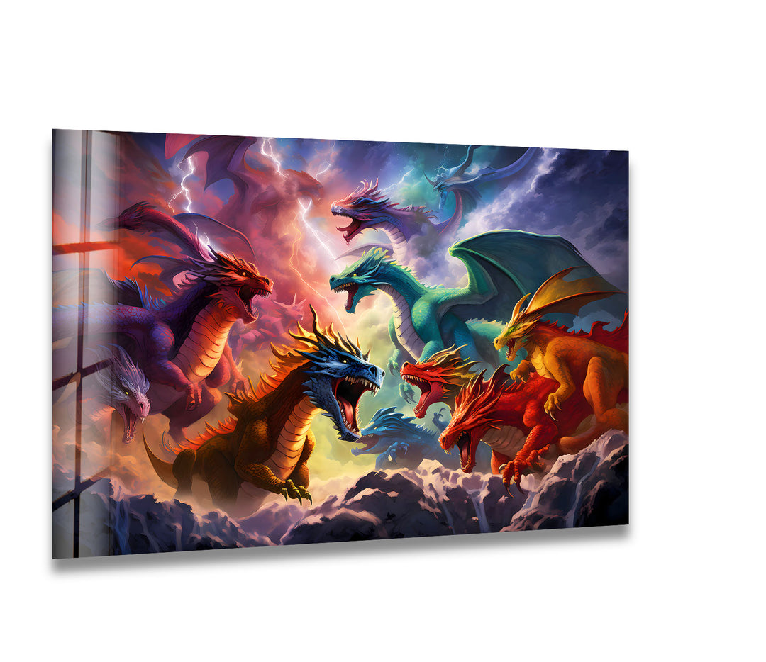 Vibrant Dragon Battle: A Colorful Fantasy Art on Glass
