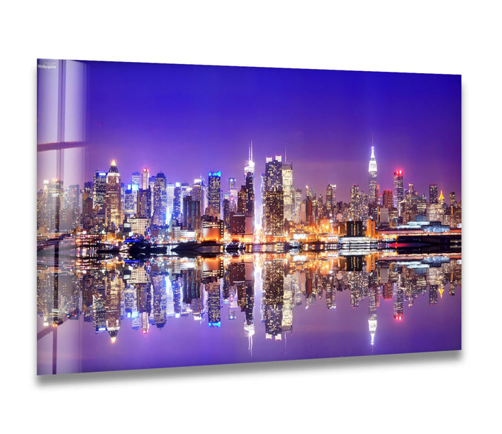 New York City Skyline Glass Wall Art – Iconic Manhattan Skyline with Stunning Waterfront Reflection