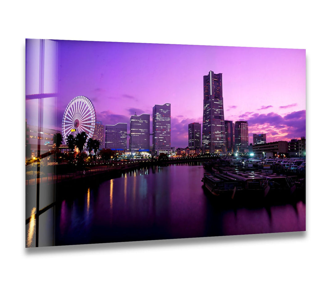 Yokohama City Skyline Glass Wall Art – Stunning Waterfront View with Ferris Wheel at Sunset