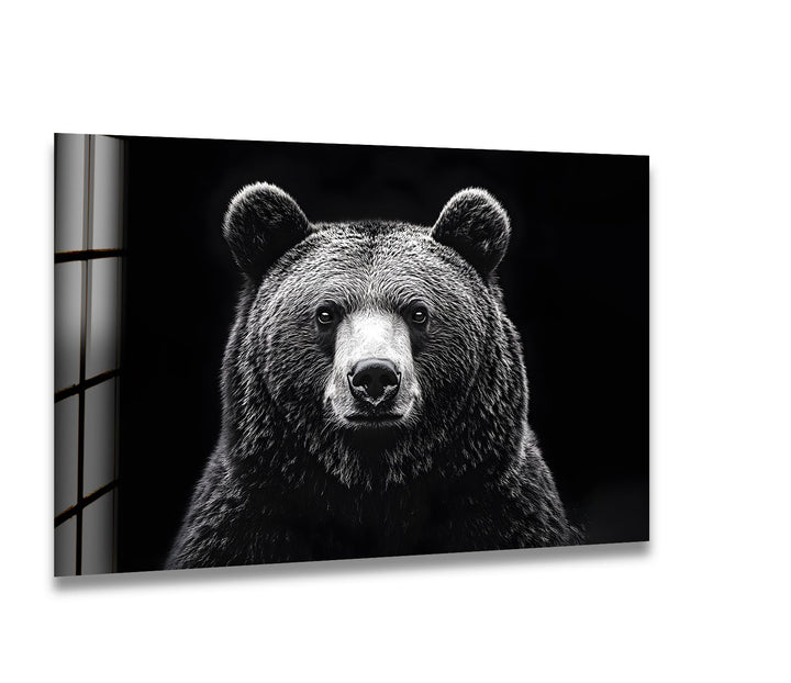 Bold black-and-white bear design on glass, a striking animal portrait for your home.
