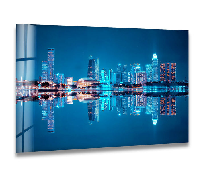 Singapore Skyline Glass Wall Art – Iconic Marina Bay Sands & City Reflections at Night