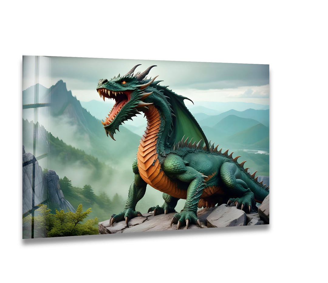 A powerful green dragon perched on a mountain, captured in stunning detail on premium glass wall art.
