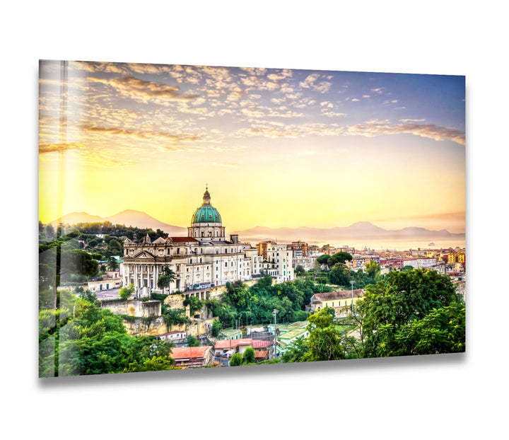 Sunset View of Naples Skyline Glass Wall Art – Iconic Italian Cityscape with Mt. Vesuvius View