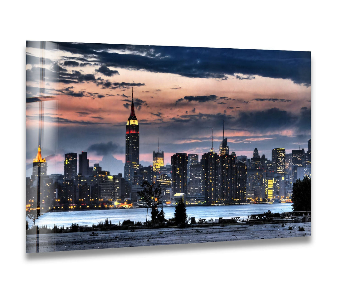 New York City Skyline Glass Wall Art – Stunning Evening View of Empire State Building & Downtown