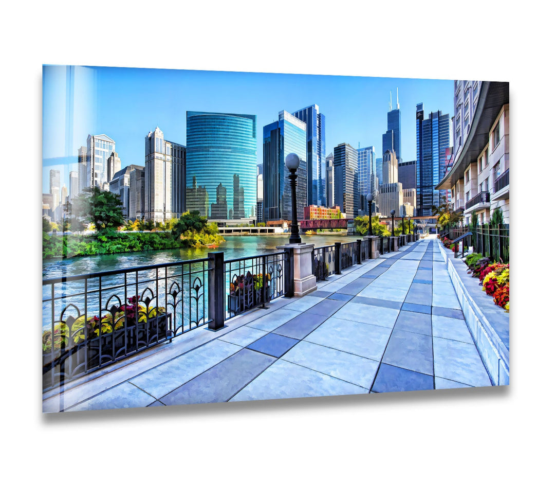 Chicago Riverwalk Glass Wall Art – Stunning View of Downtown Skyscrapers & Waterfront Path