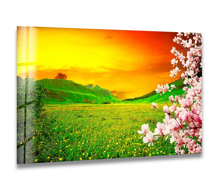 Sunset Meadow Glass Wall Art – Beautiful Spring Landscape with Blossoming Flowers