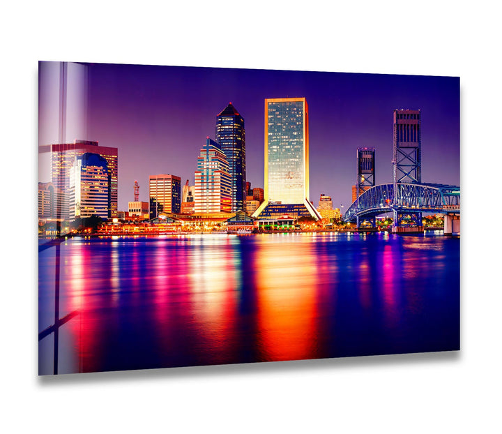 Jacksonville Skyline Glass Wall Art – Stunning View of Florida’s Iconic Downtown at Night