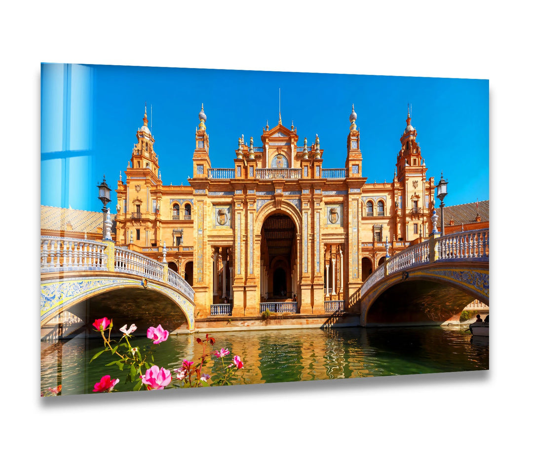 Plaza de España Glass Wall Art – Majestic Spanish Landmark with Scenic Canal