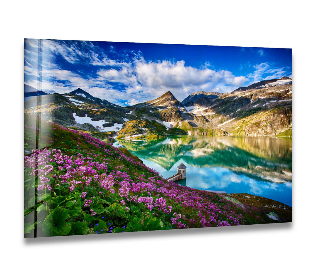 Norwegian Fjord Glass Wall Art – Majestic Mountain with Blossoming Flowers