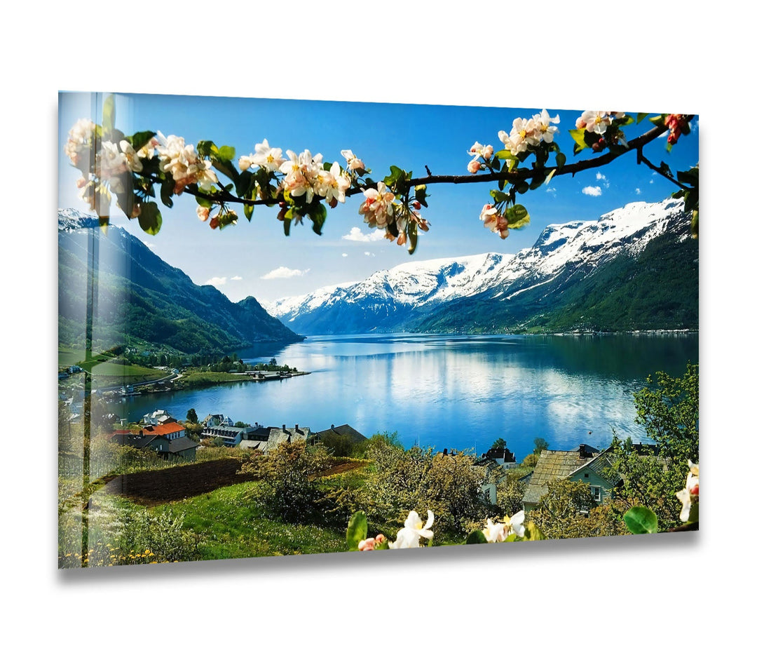 Norwegian Fjord Glass Wall Art – Majestic Mountain & Lake View with Blossoming Flowers