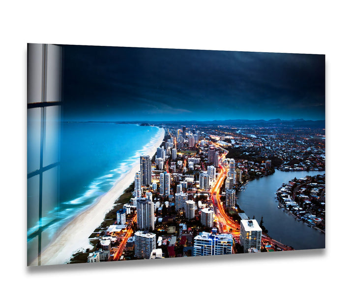 Gold Coast Skyline Glass Wall Art – Majestic View of Australian Coastal City at Night