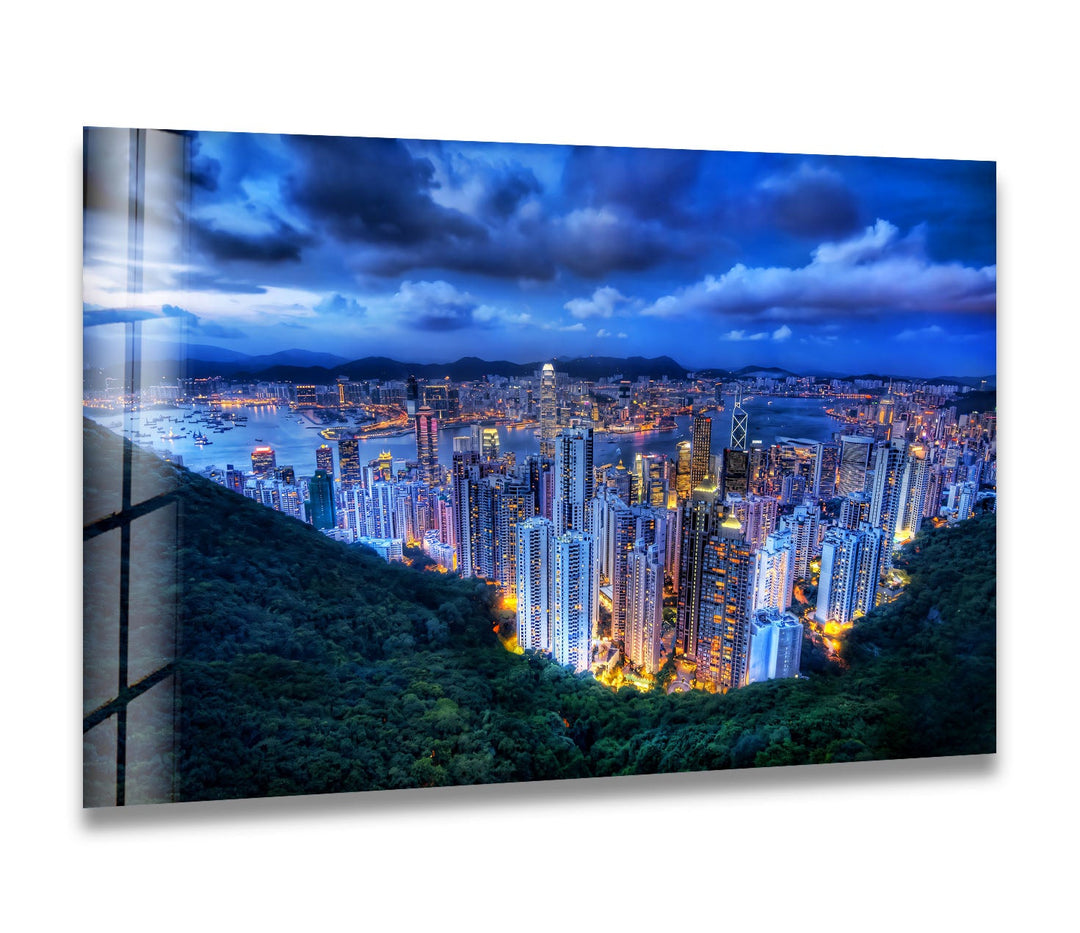 Hong Kong Skyline Glass Wall Art – Stunning View of City Lights & Harbor at Dusk