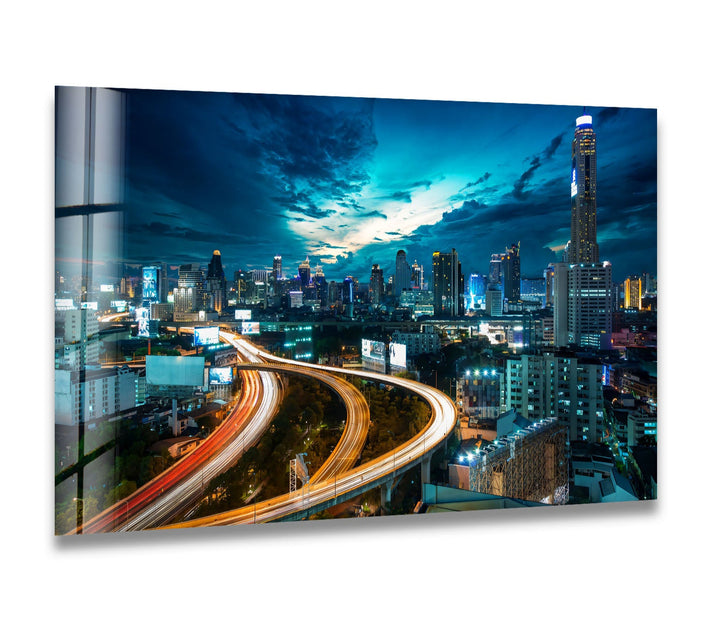 Bangkok Skyline Glass Wall Art – Stunning Night View of Thailand’s Iconic Cityscape