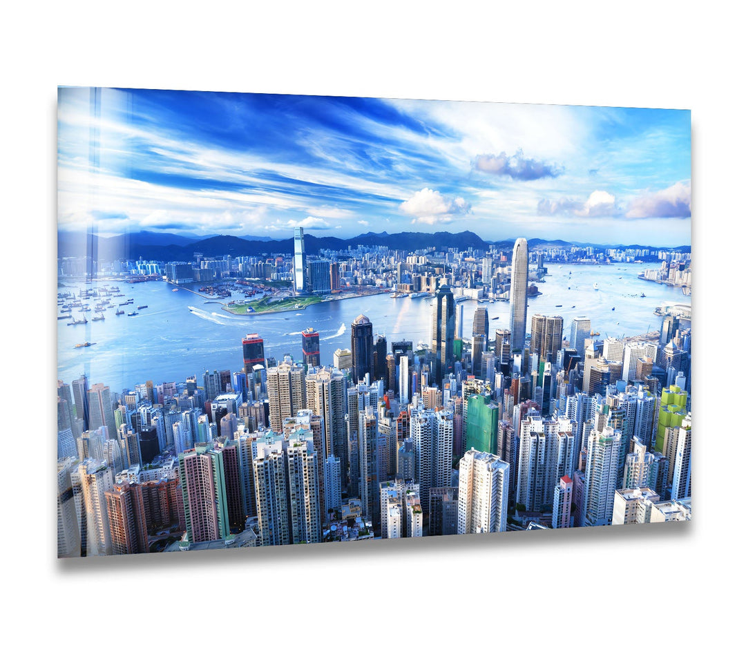 Hong Kong Skyline Glass Wall Art – Aerial Cityscape & Harbor View