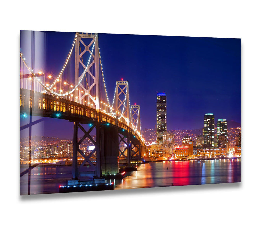 Bay Bridge Glass Wall Art – Iconic San Francisco Cityscape at Night