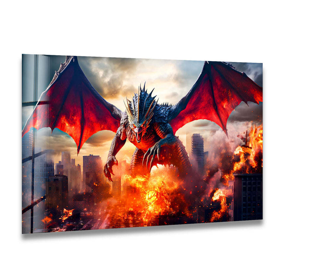 Fierce dragon wreaking havoc, unleashing fiery destruction on a cityscape.
