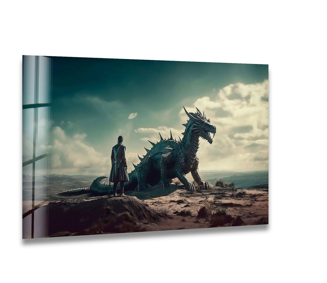 A powerful dragon and its rider standing proud against a breathtaking landscape, captured on high-quality glass wall art.