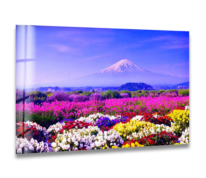 Mount Fuji and Flower Field Glass Wall Art – Majestic View of Japan’s Iconic Mountain & Blossoming Landscape