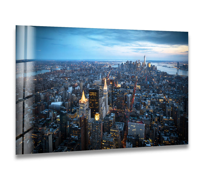 New York City Skyline Glass Wall Art – Stunning Aerial View of Manhattan at Twilight