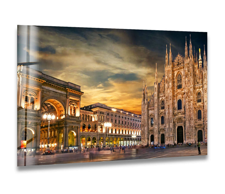 Milan Cityscape Glass Wall Art – Iconic Duomo Cathedral & Galleria Vittorio Emanuele at Dusk