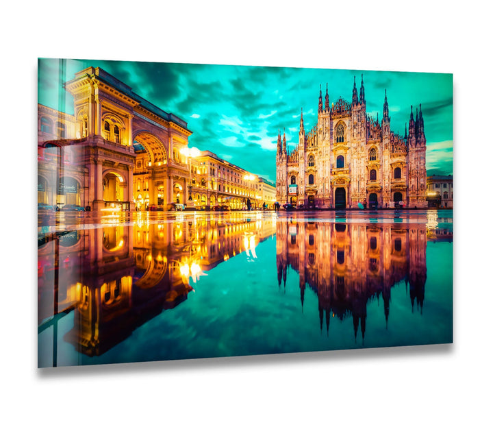 Milan Cityscape Glass Wall Art – Reflected View of Iconic Duomo Cathedral & Galleria Vittorio Emanuele