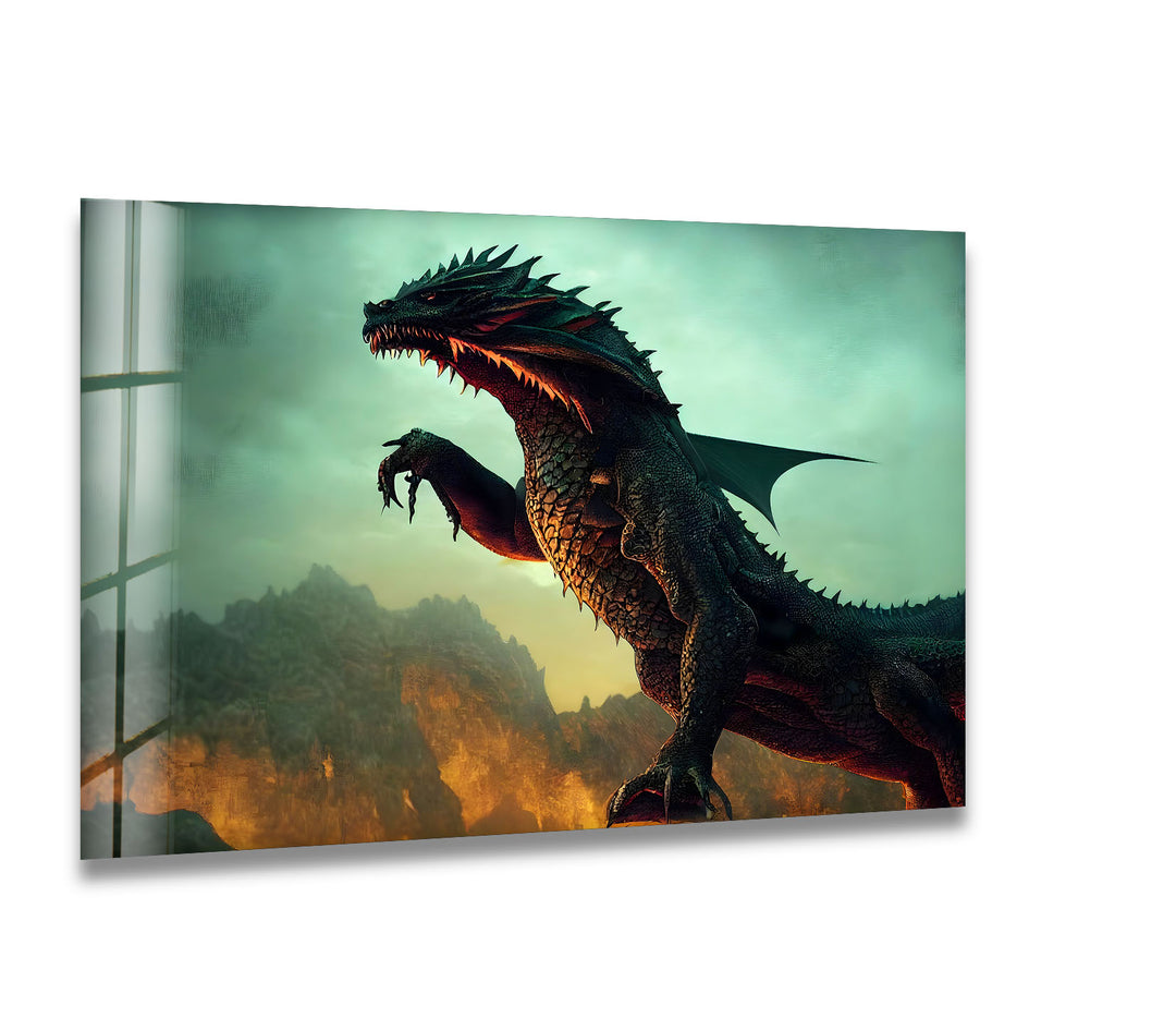 Fierce Dragon in Fiery Landscape: A Mythical Creature Roaring in the Flames on Glass Wall Art