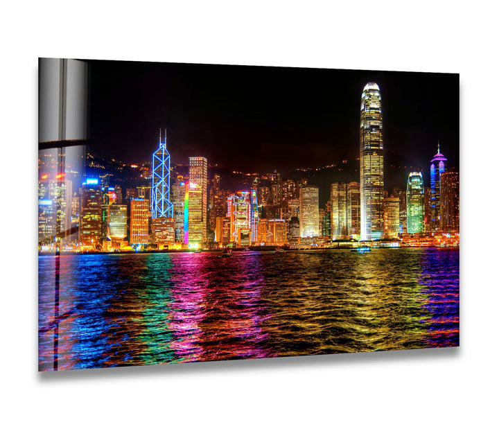 Hong Kong Skyline Glass Wall Art – Vibrant Night Cityscape Decor