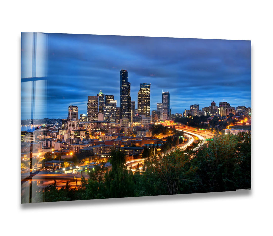 Seattle Skyline Glass Wall Art – Stunning View of Downtown Seattle at Night