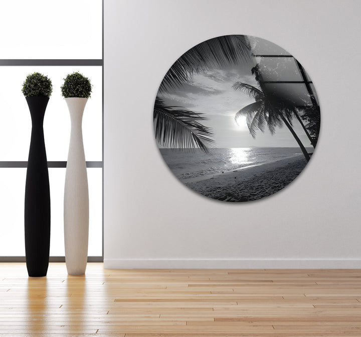 Coastal Serenity - Palm Tree Beach Scene Black and White Glass Wall Art
